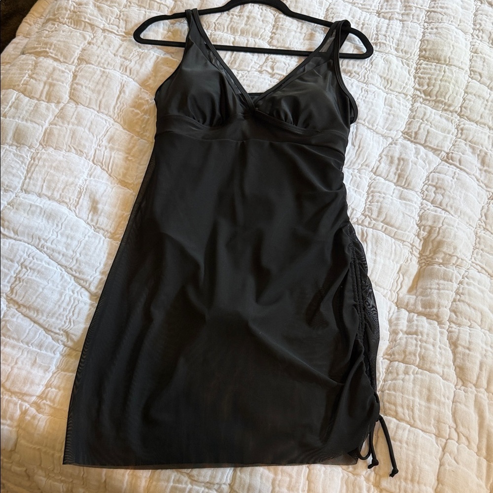 Black Bathing Suit with lacy attached skirt with Side Drawstring
